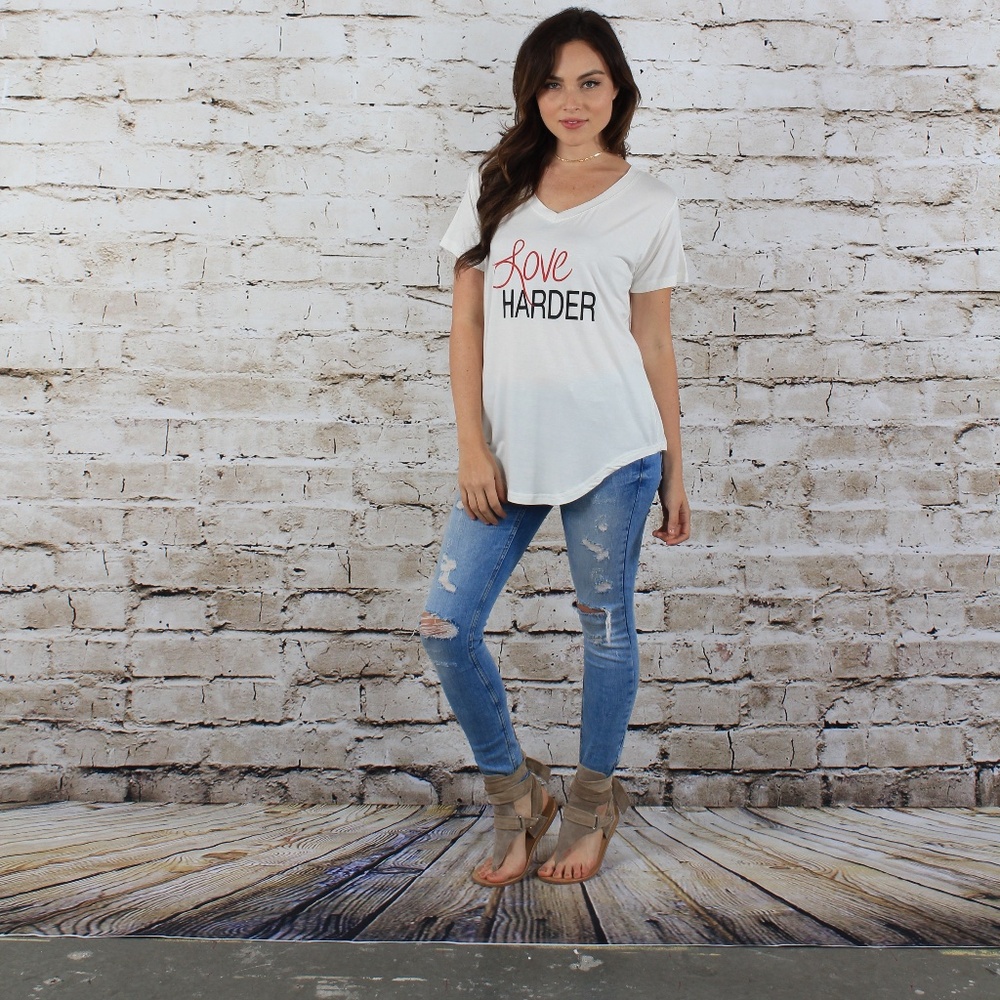 White V-Neck Short Sleeve Love Harder Tee